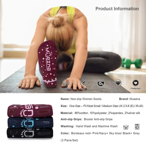 Vista 26 de Muezna Calcetines de yoga antideslizantes para mujer, antideslizantes, para pilates, barras, calcetines de hospital con agarres, talla 5-10