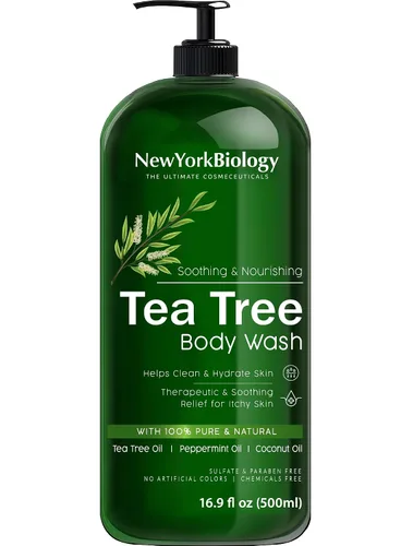 Vista 2 de New York Biology Tea Tree Gel de baño con árbol de té menta para hombres y mujeres, ayuda a eliminar la picazón y la picazón en la piel, hongos