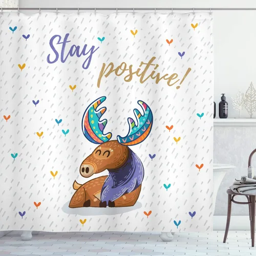 Vista 5 de Ambesonne Moose Stall - Cortina de ducha con texto "Stay Positive Deer", diseño de ciervos bohemio, multicolor