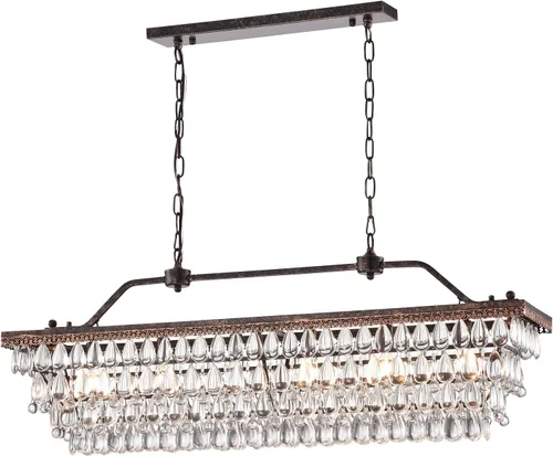Vista 10 de Edvivi Candelabro de cristal lineal rectangular de lujo, 4 luces glamorosas con acabado de bronce antiguo, lámpara de techo ajustable, comedor, isla