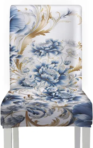 Vista 3 de Rnyleeg Juego de 1 fundas de asiento de comedor con estampado de flores azules para sillas de comedor, fundas protectoras suaves y lavables