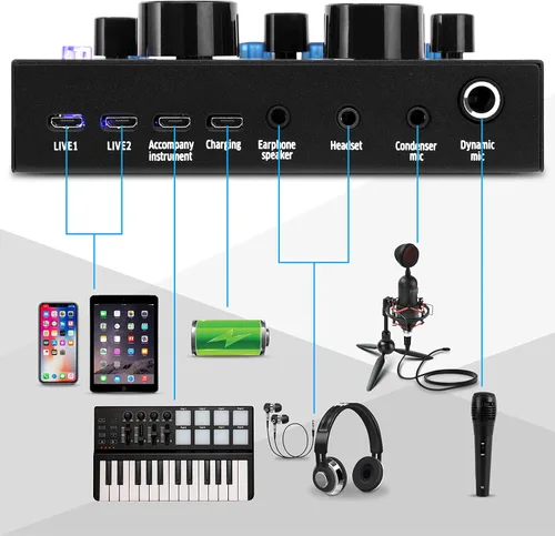 Vista 4 de Pyle PKSCRD208 - Mini interfaz de audio Bluetooth, mezclador de podcasts, transmisión en vivo para PC y iPhone, cambiador de voz V8 con 12 efectos