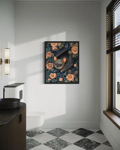 Vista 2 de Póster de Arte de Murciélago, Estilo William Morris Retro de Mediados de Siglo Botánico Victoriano Academia Oscura Decoración Gótica Galería 10a