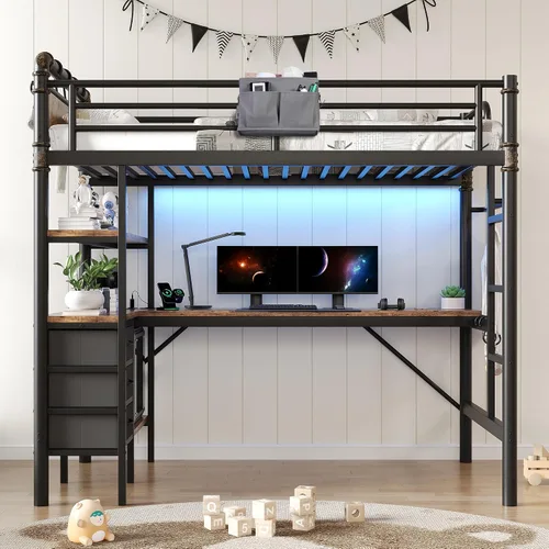 Vista 8 de Cama tipo loft de tamaño individual con escritorio en forma de L, luces LED, estación de carga, marco de cama de metal industrial resistente con 3