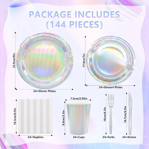 Vista 2 de 144 piezas Suministros de fiesta iridescentes Juego de vajilla de fiesta iridescente Sirve para 24 invitados Incluye platos de papel holográficos