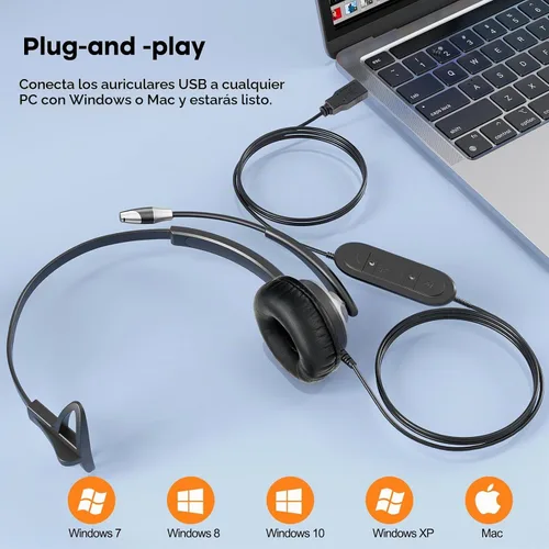 Vista 4 de MKJ Auriculares USB con micrófono para PC, auriculares de computadora con micrófono de cancelación de ruido para centro de llamadas y oficina