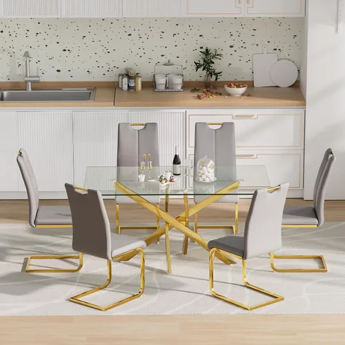 Vista 10 de Juego de mesa de comedor de cristal para 4, moderno juego de mesa de comedor de 51 pulgadas para 4, mesa de cristal dorada en forma de X con 4 Gris