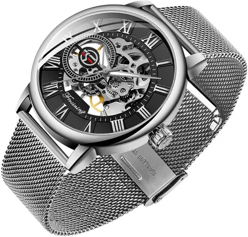 Vista 10 de Reloj de Esqueleto para Hombre Clásico con Números Romanos Steampunk Reloj Mecánico de Cuerda Manual Relojes para Hombre (Azul)