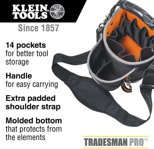Vista 3 de Klein Tools 55419SP-14 Bolsa de herramientas con correa para el hombro tiene 14 bolsillos para almacenamiento de herramientas, puede adaptarse a