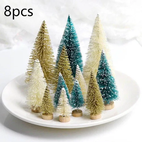 Vista 2 de Mini árbol de pino, 8 piezas de mini árboles de Navidad, árboles de nieve artificial, árboles de sisal, pino nevado, adorno de fiesta de Navidad