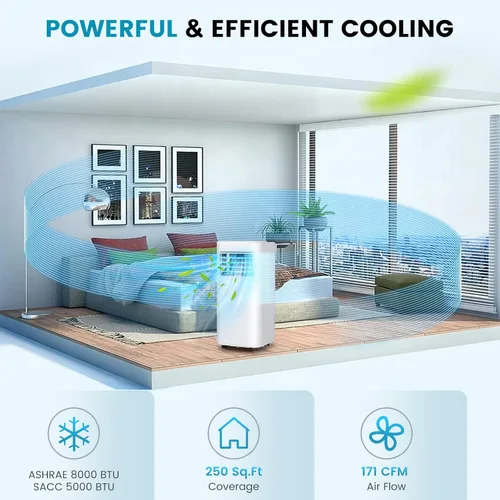 Vista 2 de GOFLAME Aire acondicionado portátil, potente unidad de CA de 8000 BTU con control remoto y 4 ruedas, enfriador de aire 3 en 1, deshumidificador