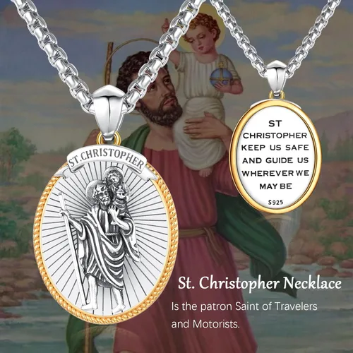 Vista 7 de StoryEtain Collar de San MiguelCristóbal y Peregrino para hombre, plata de ley 925, colgante de San Cristóbal, joyería católica, regalo de religión