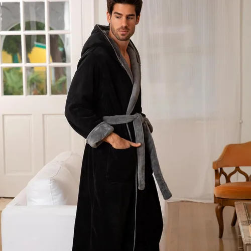 Vista 3 de Alexander Del Rossa - Bata de baño de forro vellón, con capucha, para hombre, colores lisos