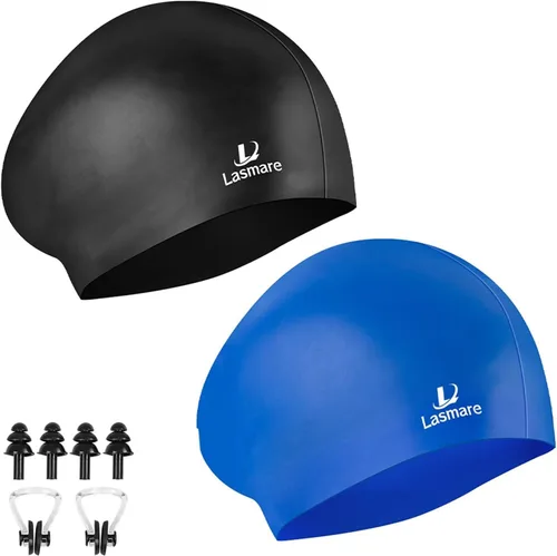 Vista 10 de Long Hair Swim Cap for Women 2 Pack, Silicone Swimming Caps for Unisex Adult Women Men with Ear Plugs & Nose Clip Set, Waterproof Adult Swim Hats