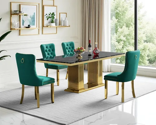 Vista 16 de Juego de mesa de comedor de mármol para 4, mesa de cocina rectangular de mármol negro de 68 pulgadas con base en H de acero inoxidable dorado, juego