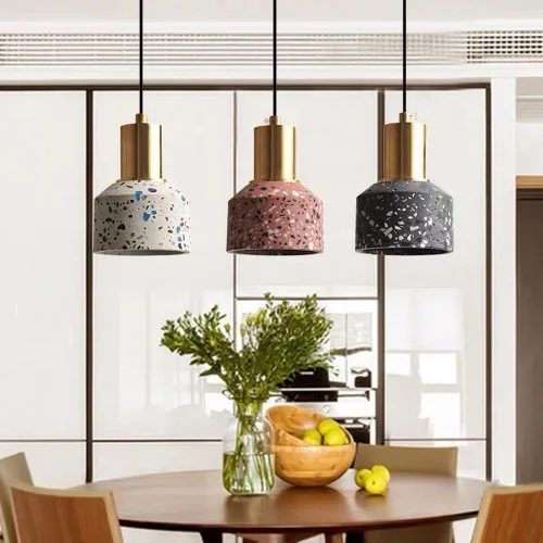 Vista 2 de Vintage Terrazzo Cylinder Pendant Light 2 Pack Retro Stone Hanging Fixture Gold Mini Concrete Chandelier for Dining Room Kitchen Island Hallway