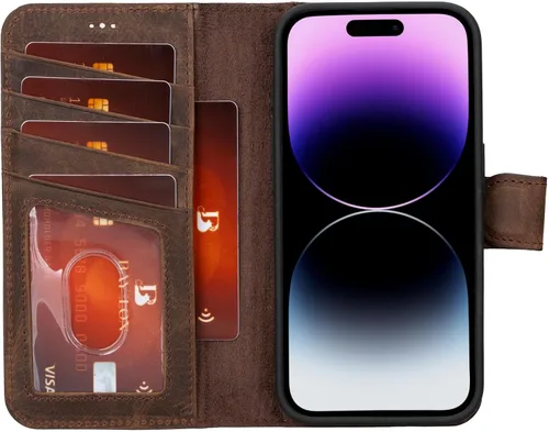 Vista 8 de Bayelon Funda tipo cartera para iPhone 15 Pro, cartera de cuero de grano completo, funda magnética desmontable, tarjetero, funda tipo cartera