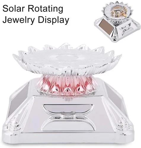Vista 5 de Soporte de exhibición de joyas, luz LED solar para escaparate giratorio 360, reloj giratorio para teléfono, anillo de joyería (plata)