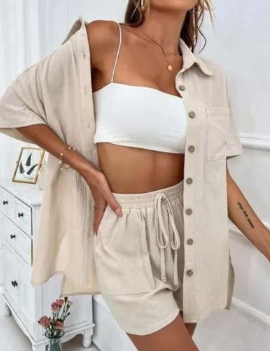 Vista 2 de BQDCQB Women 2 Piece Outfits Summer Casual Cotton Button Down Short Sleeve Shirt and Drawstring Short with Pocket