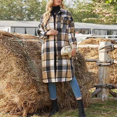 Vista 4 de Ainangua - Camisa informal larga de mezcla de lana a cuadros para mujer, chaqueta con botones y bolsillos
