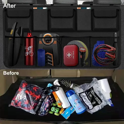 Vista 4 de Organizador de maletero colgante para asiento trasero de automóvil para SUV, camioneta, camión con 9 bolsillos de tensión, organizador de ahorro