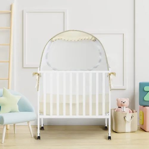 Vista 7 de L RUNNZER Tienda de campaña desplegable Pack N Play, red de bebé para mantener a los niños pequeños, mini toldo para cuna para empacar y jugar Beige