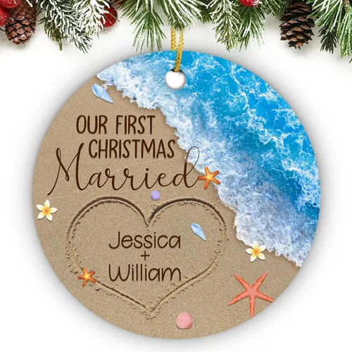 Vista 17 de Just Married - Regalo de recuerdo para recién casados, adorno de boda personalizado en la playa con nombres y fecha