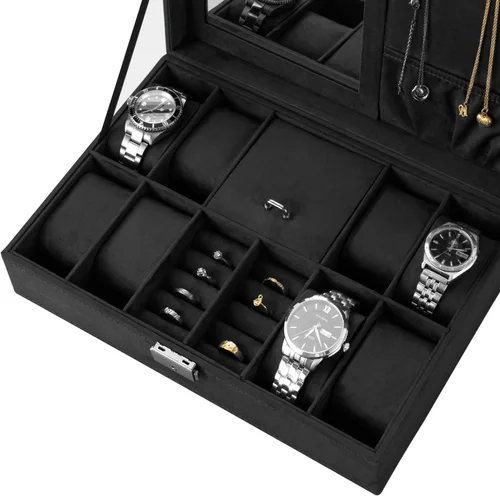 Vista 3 de Oyydecor Joyero organizador de caja de reloj con 8 ranuras para almacenamiento de relojes, estuche organizador de joyas con espejo (negro)