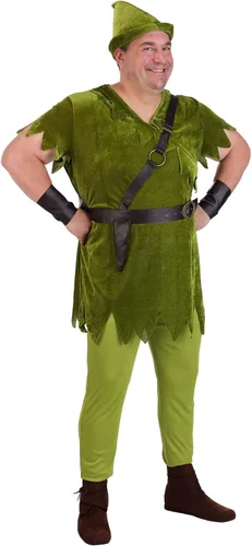 Vista 2 de Disfraz de Peter Pan para adultos de talla grande con sombrero, camisa, medias, cinturónarnés y puños de muñeca