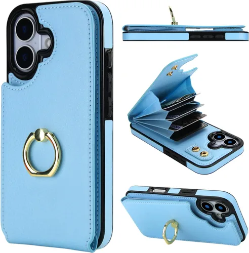 Vista 15 de Folosu Funda compatible con iPhone 17 con soporte para tarjetas, rotación de 360°, soporte de anillo de dedo con función atril, bloqueo RFID