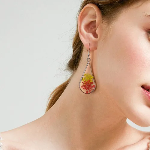 Vista 6 de Pendientes de lágrima de flor prensada, flores secas, gota colgante, joyería de moda
