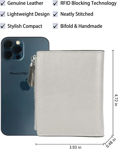 Vista 4 de AINIMOER - Cartera de piel con bloqueo RFID para mujer, tamaño pequeño, compacta, doble zíper, con ventana para identificación