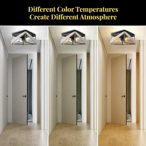 Vista 4 de Lámpara de techo industrial empotrada de 2 luces, lámpara de techo cuadrada de metal y madera, para cocina, pasillo, comedor, entrada, balcón