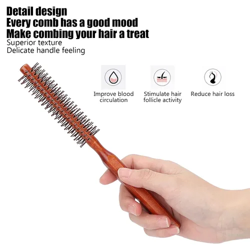 Vista 5 de Cepillo de pelo redondo para secado con nailon suave, cepillo de pelo redondo rizado en caliente con mango de madera, unisex para secado con soplado