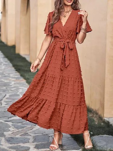 Vista 2 de MASCOMODA Vestidos largos bohemios de lunares suizos para mujer, cuello en V, manga corta, lazo en la cintura, línea A, vestidos largos fluidos