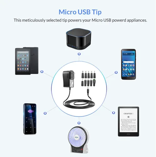 Vista 8 de Nextbook Adaptador de cargador para tableta 5V 3A 2A 2.5A 1A AC DC adaptador con 9 puntas para Amazon Fire USB Hub TV Box LED Pixel Cámara Altavoz
