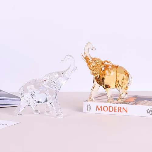 Vista 3 de Figuras de elefante acrílico transparente con acabado de cristal, estatuas africanas de alta gama para decoración del hogar, elefante con tronco