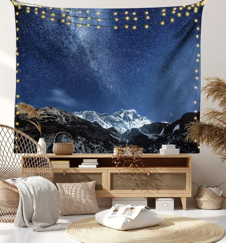 Vista 7 de Ambesonne Tapiz espacial tamaño King, montañas del Himalaya en la noche estrellada con estrellas, tierra y cosmos en tierras del norte, colcha