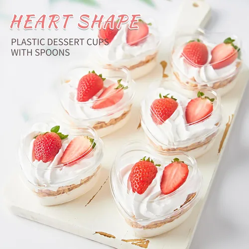 Vista 5 de Paquete de 50 tazas de postre en forma de corazón de 5 onzas con tapas y cucharas, mini tazas de postre para servir en fiestas, parfait, queso