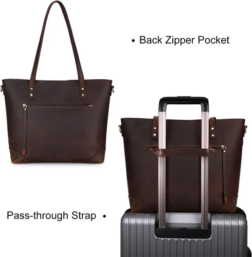 Vista 3 de S-ZONE - Bolso de mano de piel auténtica vintage para portátil, Bolsa de trabajo para mujeres con bolsillo trasero con cremallera