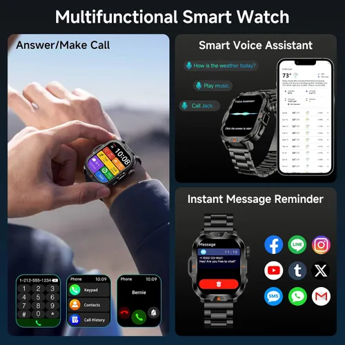 Vista 5 de Reloj inteligente para hombre, respuesta militar, con pantalla de 2.01 pulgadas, más de 170 modos deportivos, reloj inteligente de fitness, IP68