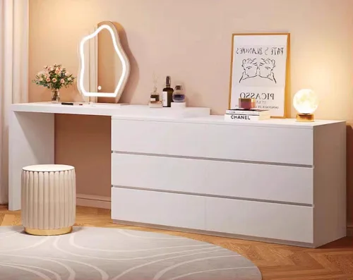 Vista 3 de LAKIQ Moderno juego de escritorio de maquillaje blanco con taburete de espejo, tocador ajustable de madera fabricada con 6 cajones de almacenamiento