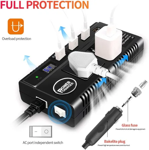 Vista 5 de Inversor de corriente para automóvil de 120 W, 12 V, 24 V CC a 110 V CA, 4 puertos USB, adaptador de cargador de coche con 3 salidas de CA