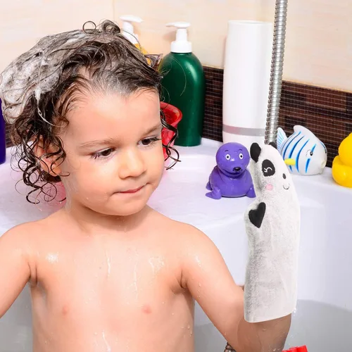 Vista 7 de Shappy 4 piezas de guantes de baño para bebé, guantes de panda para niños, toallas suaves para niños, diseñados en lindo animal, pato amarillo