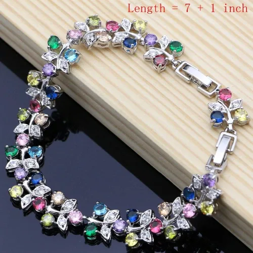 Vista 2 de Juego de joyas de plata 925 con circonita multicolor para mujer, aretes de boda con anillo de piedra, pulsera y collar de novia