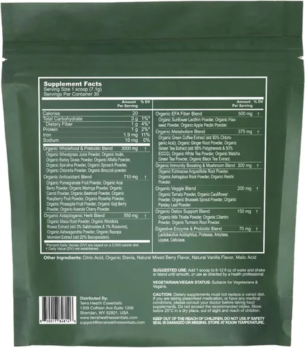 Vista 2 de Terra Health Essentials Super Greens Polvo orgánico de superalimentos verdes Probióticos aptos para el intestino sin gluten 30 porciones