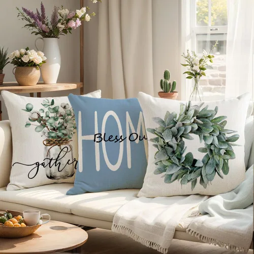 Vista 2 de wyooxoo - Juego de 4 fundas de almohada de 18 x 18 pulgadas, fundas de almohada azules estilo granja, fundas de cojín decorativas para sofá, sillón