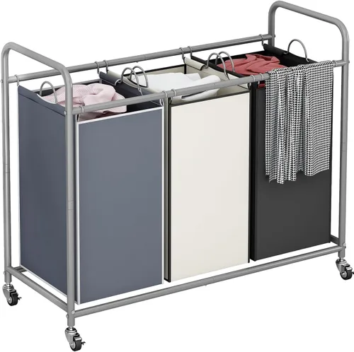 Vista 13 de LINZINAR Clasificador de ropa sucia de 3 bolsas, carrito de lavandería con ruedas enrollables resistentes y bolsas extraíbles (gris) Laundry Room