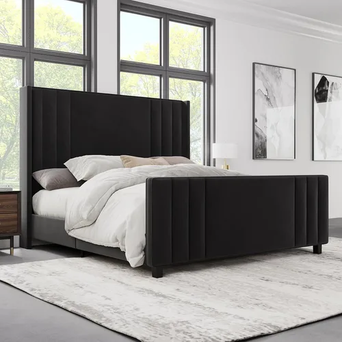 Vista 10 de Albott Base de cama de plataforma tamaño King, cama tapizada con cabecera y pie de cama con respaldo alado capitoné de canales verticales, Crema