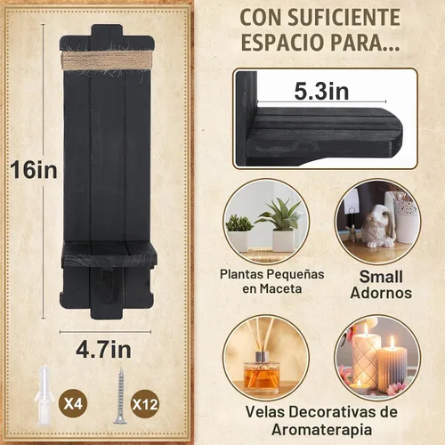 Vista 6 de Candelabros para decoración de pared de granja, 2 candelabros rústicos góticos hechos a mano de madera para montaje en pared para dormitorio, sala